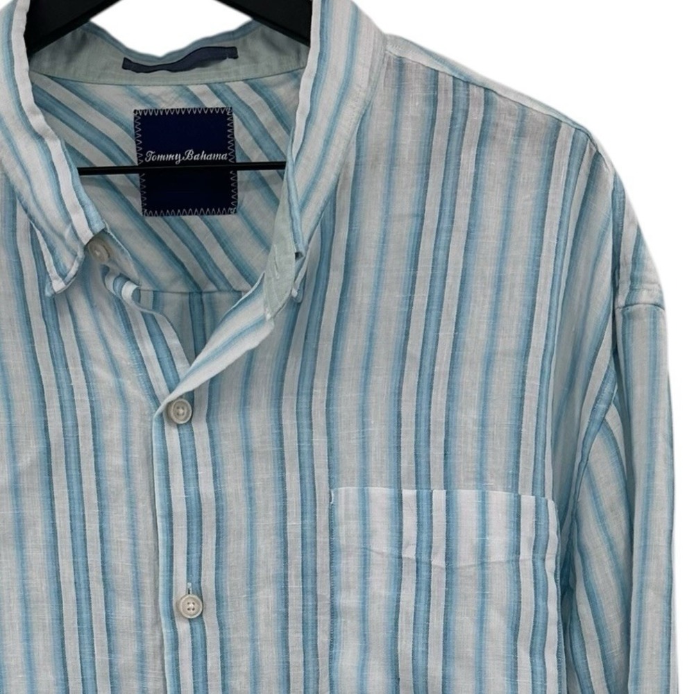 Tommy Bahama Men's Long Sleeve‎ Button Up 100% Linen Size XXL Blue Striped Beach